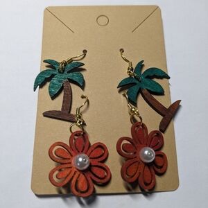 Wooden Floral and Coconut Tree earrings.